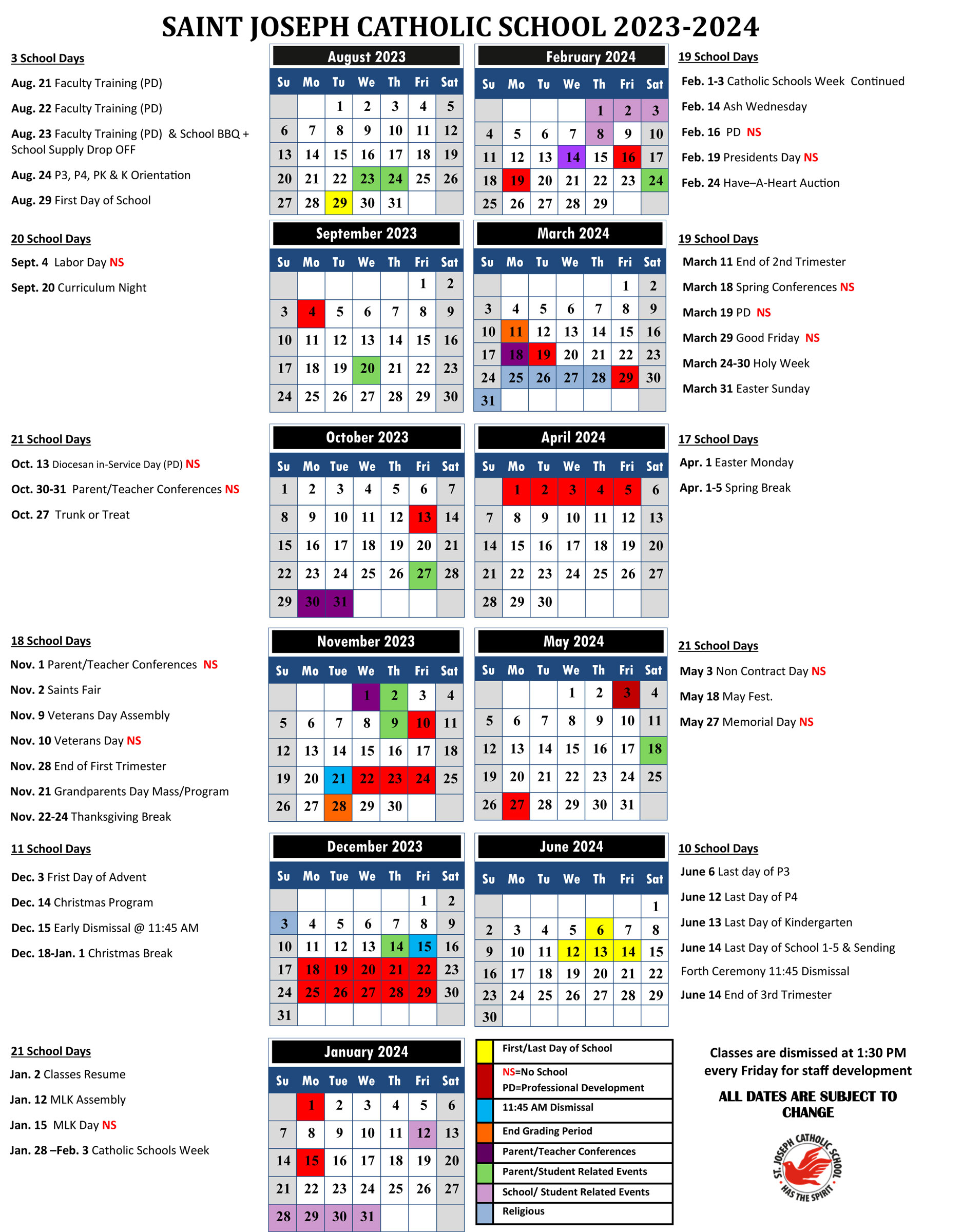 School Calendar l St. Joseph Catholic School School Calendar l St. Joseph Catholic School