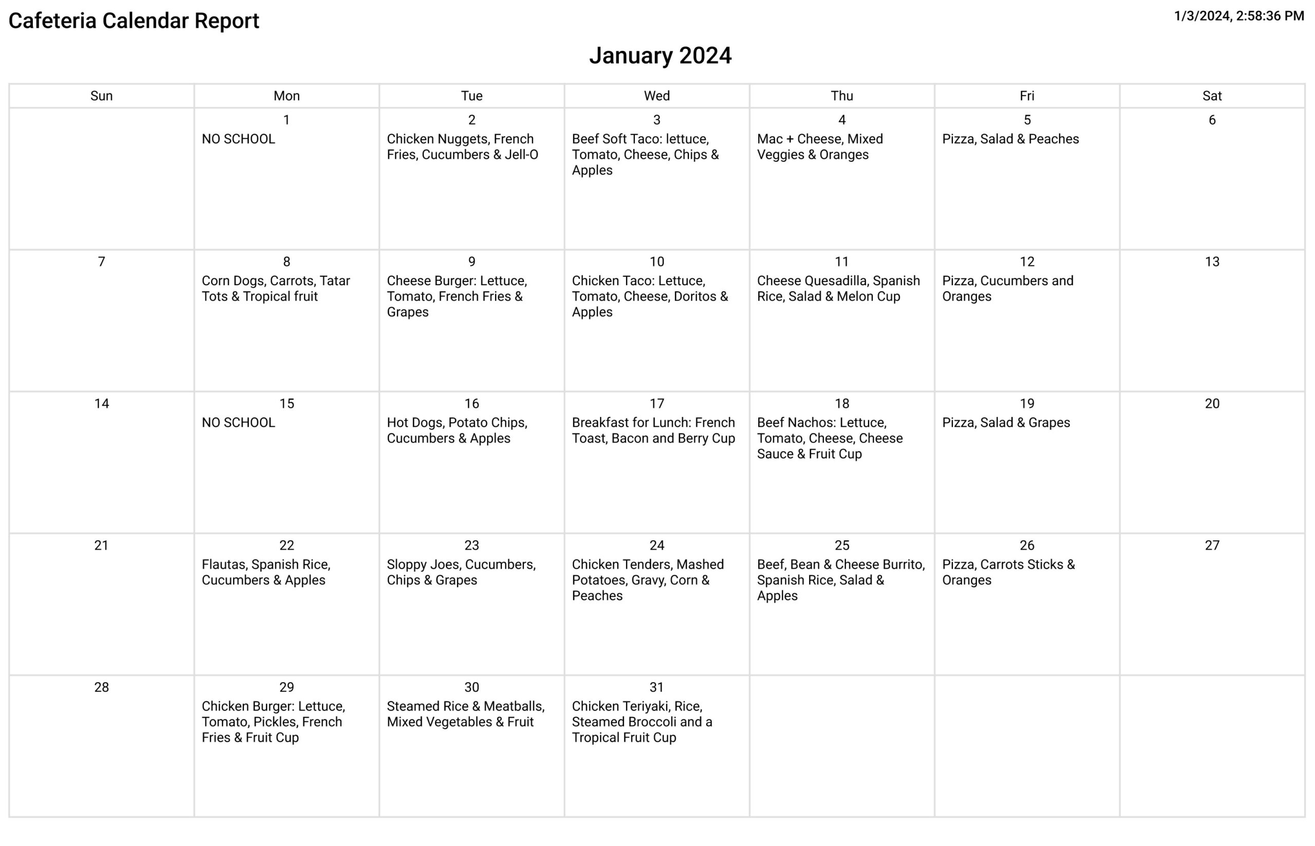 January 2024 Lunch Menu Calendar