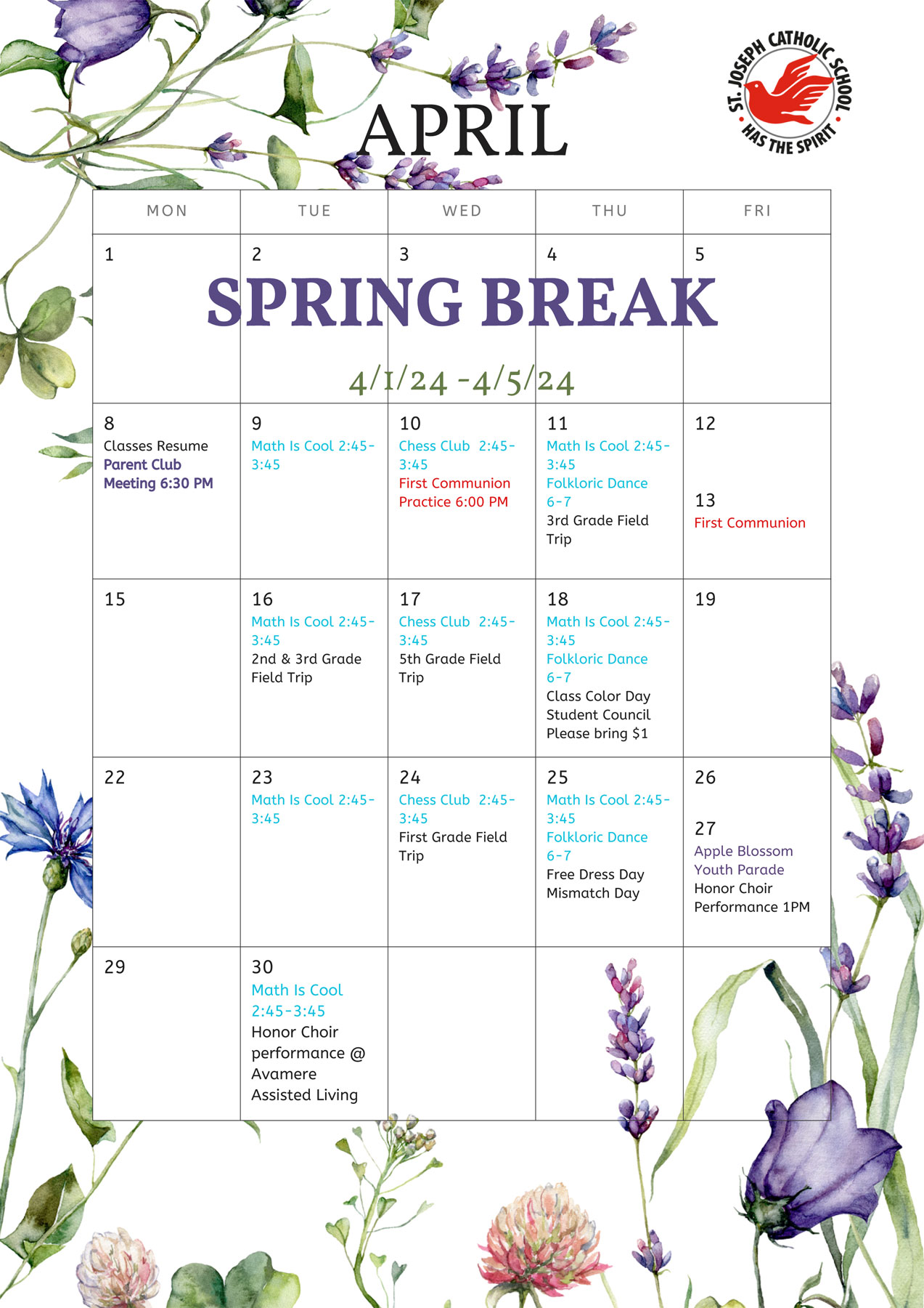 April 2024 St. Joseph Catholic School Calendar