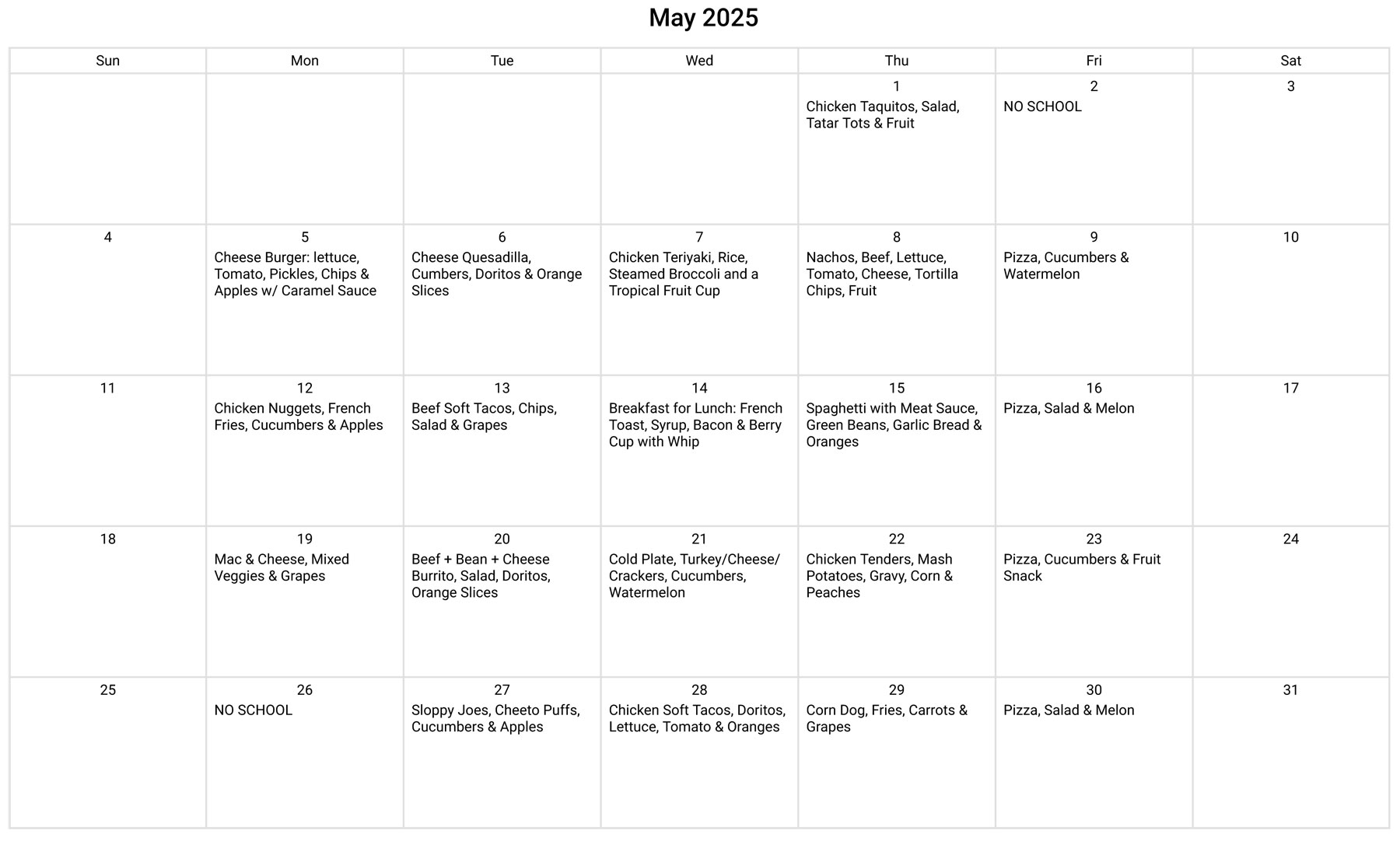May 2025 Lunch Menu