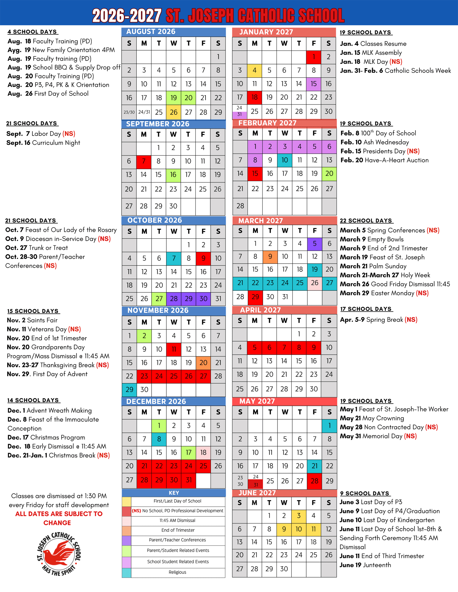 St. Joseph Catholic School Yearly Calendar